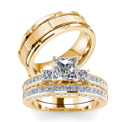 s925 10K 14K 18K Gold Couple Rings Sets, 3pcs Moissanite Couple Wedding Rings Sets for Men and Women, Customized Couples Matching Wedding Bands Set Free Engraving(Set 1-Princess Cut)
