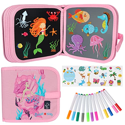 Qrytoi Erasable Doodle Set for Kids - Reusable Magic Drawing Book with 12 Watercolor Pens 14 Page Drawing, Road Trip Car Game Writing Painting Set for Boys and Girls (Mermaid)