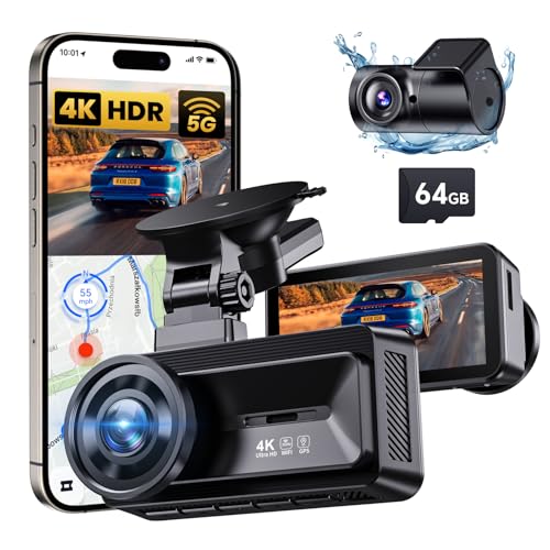 COOLCRAZY Dash Cam Front and Rear, 4K Full HD Dual Dash Camera for Cars Built-in 5G WiFi GPS, 64GB Card, Car Camera with 3" IPS Screen, UHD 2160P Night Vision, HDR, App Control, 24H Parking Monitor