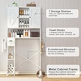 EasyCom Over The Toilet Storage Cabinet with Metal Frame and 7 Storage Shelves, Bathroom Organizer with Adjustable Shelves, Paper Holder and Racks, Farmhouse Storage Cabinet for Laundry, White