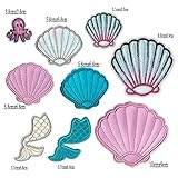 Pretty Seashell Mermaid Queen Princess Tail Squid Patches Embroidery Iron on Patches Sewing Appliques for Clothing DIY Clothes Jacket Polo T-Shirt Hat Bag (Style 2 (9pcs))