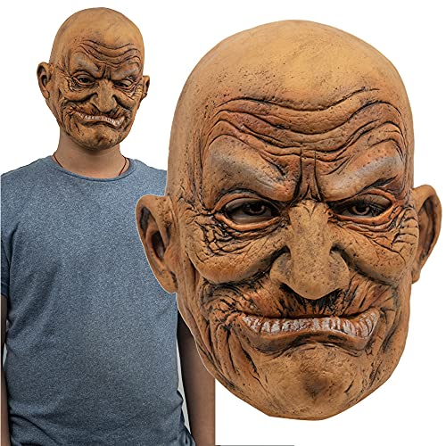 GOODKSSOP Unisex Clown Cosplay Old Men Wrinkle People Man Head Bald Funny Halloween Mask Full Face Latex Costume Props for Party Carnival Themed Show Play