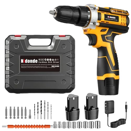 12V Cordless Power Drill Driver With 2 Pack 1500mAh Lithium Battery – Torque 35Nm, 0-1450RPM Variable Speed, 3/8 Inch Keyless Chuck (Included Chuck), 25+1 Clutch, Fasten Function (Yellow)
