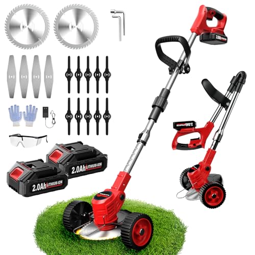 FULLYEA Electric Weed Wacker Cordless, Weed Eater Battery Powered with 3 Types of Blades, Lightweight Grass Trimmer with 2*2.0Ah Battery & Wheels, Foldable Lawn Edger/Brush Cutter for Lawn Yard Garden