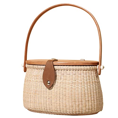 Nantucket Basket Tall Crescent Purse Cane-on-cane weave Rattan Bag for Women Bag (Strong Magnetism)