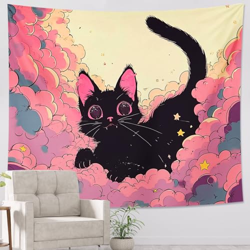 kawaii black cat tapestry cute cartoon animal anime fuzzy cloud star girly y2k pink Polyester Art Prints Tapestry For girl College Dorm Bedroom Wall Covering Room Accessories Backdrop 80x60Inch