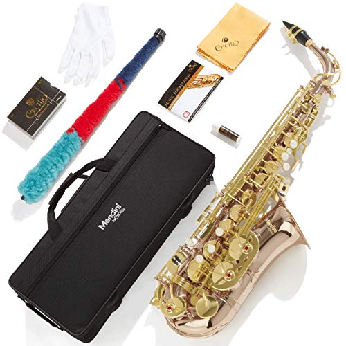 Mendini By Cecilio Alto Saxophone for Beginners, E Flat Tenor Saxophone for Students Musicians with Tuner, Mouthpiece, Case, 10 Reeds, Grease, Cleaning Cloth & Rod, Gloves, Strap, Book (Rose Gold)