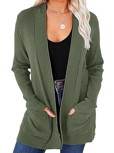 MEROKEETY Women's 2025 Fall Open Front Waffle Knit Cardigan Long Sleeve Cozy Knit Sweaters with Pockets, Green, Medium
