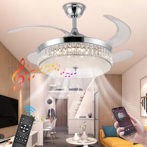 Bavnnro 42'' Crystal Ceiling Fans with Lights and Bluetooth Speaker, Luxury Fandelier Crystal Ceiling Light, Retractable Chandelier Fan with Remote, Dimmable, Reversible for Living Room, Bedroom