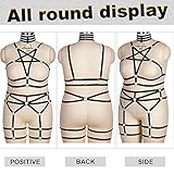 Plus Size Body Harness for Women Gothic Pentagram Full Cage Hollow Out 2 Piece Strappy Bra Garter Belts Set Punk Clothing (Black)