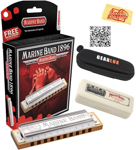 Hohner Marine Band 1896 Harmonica - Key of A Bundle with Case, Pouch, Austin Bazaar Online Manual, and Polishing Cloth