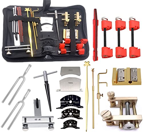 TUOREN 19pcs Violin Bridge Fitting Tool Include Crack Repair Tuning Fork Bridge Clamp Sound Post Setting Fingerboard Template Tool with Carry Bag Luthier Tool for Violin Repair Maintenance