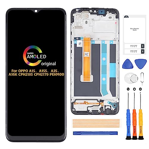 A-MIND for Oppo A15/A15S/A16K LCD Display Touch Digitizer CPH2185 CPH2179 PEHM00 Screen Replacement Full Assembly Repair Kits with Tools(Black with Frame)