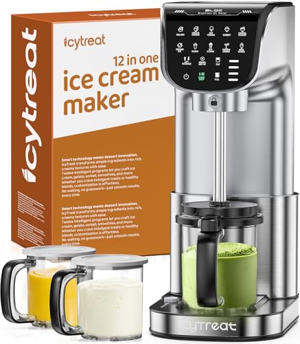 Ice Cream Maker Machine 12-in-1, Full Automatic Stainless Steel Homemade Ice Cream Maker for Sorbet, Milkshake, Frozen Yogurt & More, Easy to Clean Ice Cream Machine, (3) Family-Sized Tubs