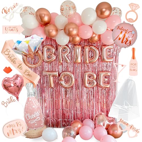 VIDAL CRAFTS Rose Gold Bridal Shower Decorations [UPGRADED] - Bridal Shower & Bachelorette Party Decor with Latex & Confetti Balloons, Bride Banner, Bridal Veil, Fringe Curtains, Bride Sash, and Props