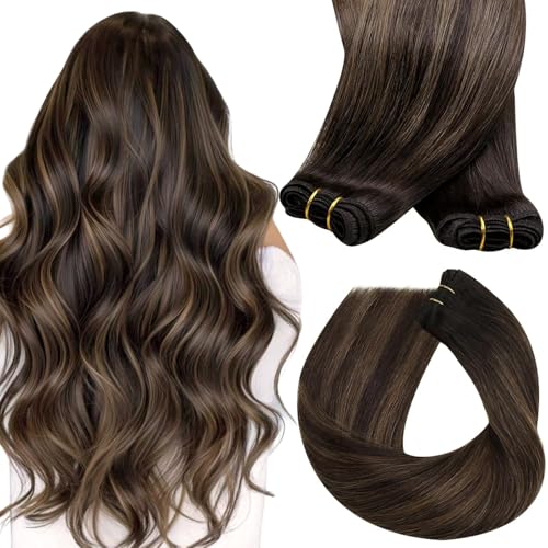 Sunny Hair Sew in Hair Extensions Real Human Hair Balayage Weft Hair Extensions Medium Brown Balayage Dark Brown for Wedding Human Hair Weft Extensions 20in 100g