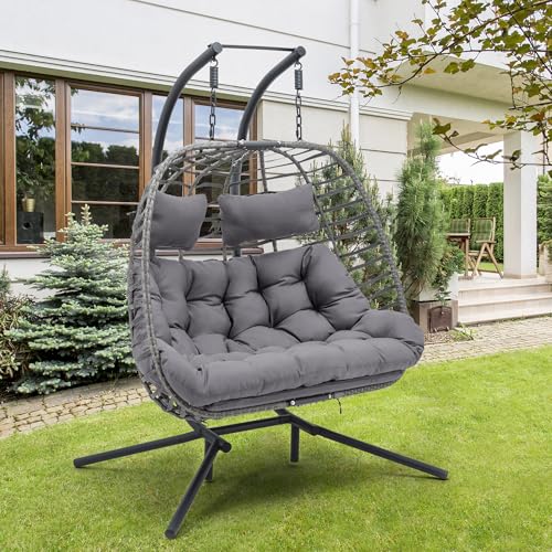 Double Egg Swing Chair with Stand for Outdoor, Patio Hand Made Rattan Wicker 2 Double Hanging Egg Chairs Hammock Chair with UV Resistant Cushion and Metal Frame, Porch Swing Loveseat for Backyard