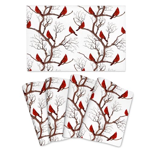 Winter Cardinal Christmas Placemats Set of 4, Red Decorative Place Mats 12x18 Inch Washable Heat Resistant Table Mats for Kitchen Dining Tables Holiday Party Farmhouse Home Decor