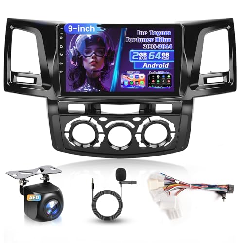 Roinvou 2+64G Android CarPlay Stereo for 2005-2014 Toyota Fortuner Hilux, Built-in Wireless CarPlay with Android Auto, 9'' Touchscreen in-Dash GPS Navigation Support Mirror Link BT FM RDS AHD