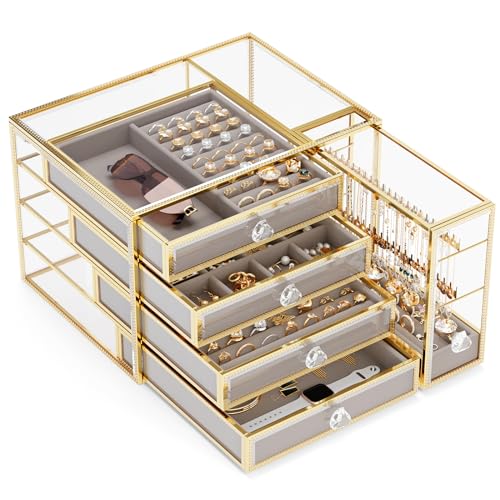 Youdepot Jewelry Box Tempered Glass 5-Drawer Jewelry Organizers and storage, Large Jewelry Boxes & Organizers With Velvet Necklaces Earring Organizer.