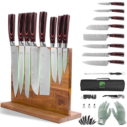FULLHI 15pcs Japanese Knife Set with Magnetic Knife Block Holder, Premium German Stainless Steel Kitchen Knife Set