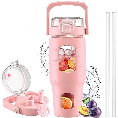 BLUEGO 32oz Glass Tumbler with Lid and Handle, Iced Coffee Cup with Straws, Glass Water Bottle with Silicone Sleeve and Volume, Marker Glass Cup with Time Marking, BPA Free, Pink