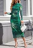 MEROKEETY Women's 2024 Long Sleeve Tie Dye Dress Bodycon Mock Neck Mesh Ruched Cocktail Maxi Dresses, Green, M