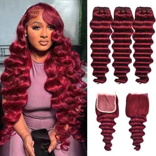Burgundy Human Hair Bundles with Closure Wine Red Colored Loose Deep Wave Bundles With 4x4 Lace Closure Free Part 20 22 24+20inch 99J Brazilian Human Hair Weaves
