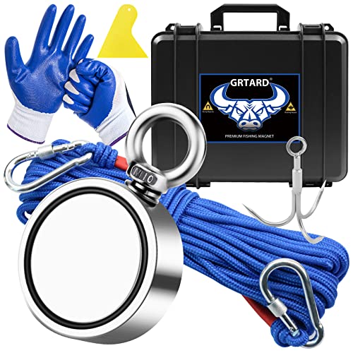 Grtard 1000LBS Magnet Fishing Kit with Case, Super Strong Neodymium Fishing Magnets, Complete Fishing Magnet Kit with Double-Sided Strong Magnets for Retrieving Items in River, Lake, Lawn(2.95Inch)