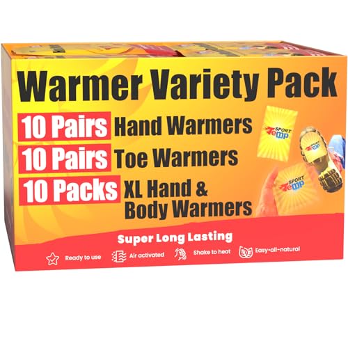 Hand, Toe, & XL Body and Hand Warmers - Variety Pack, 10 Pairs Hand Warmers, 10 Pairs Toe Warmers with Adhesive, 10 XL Hand & Body Warmers - Air Activated - Odorless Hot Hand - Sport Temp