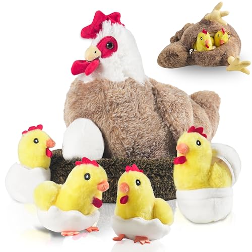 9 in 1 Chicken Stuffed Animal, Stuffed Chicken Plush Toys for Kids Zippered Laying Hen with Eggs Coops and Little Baby Chicks, Stuffed Chicken Plushies for Birthday Gifts Spring Easter Basket Stuffers