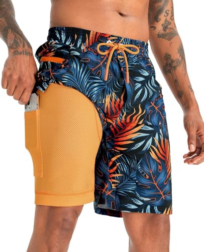 APTRO 2 in 1 Men's Swim Trunks 9" with Zipper Pockets Bathing Suit Built-in Board Shorts Swimwear Long Shorts Palm Orange L