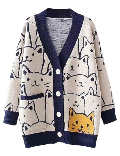 VDWIP Women Cute Cat Cardigan Sweater Cartoon V Neck Button Down Open Front Cat Print Knit Cardigan Vintage Sweater Outwear(Navy-M)