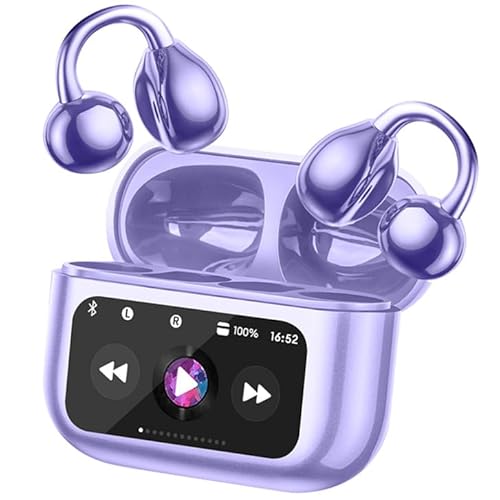 Open Ear Clip On Earbuds Intelligent Touch Color Screen Open Ear Wireless Bluetooth 5.4 Headphones Lightweight Comfort Sport Earbuds Built-in Mic IPX7 Waterproof Earphones for Running Fitness (Purple)
