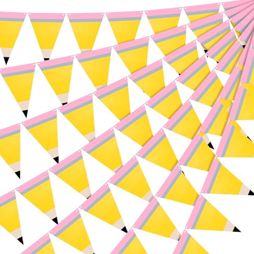 Weekgrat 5 Pcs Pencil Shaped Paper Pennant Banners Back to School Classroom Decorations Triangle Flags with Double Sided Printing for First Day of School Classroom Ambience Celebration Decor