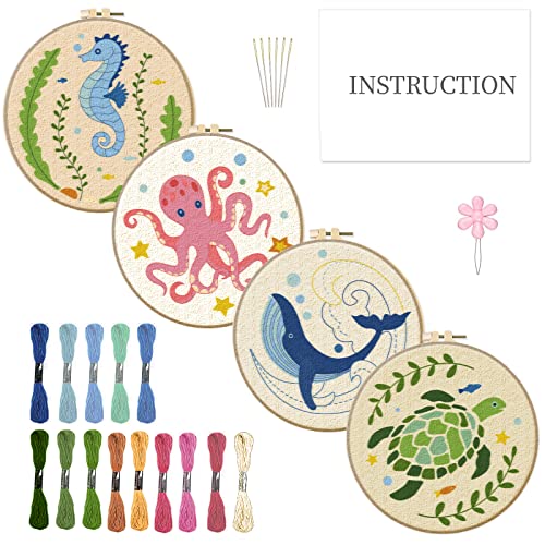 INFUNLY 4 Sets Embroidery Kit for Beginners with Sea Animals Pattern DIY Embroidery Kit for Adults Ocean Embroidery Art Kit Turtles/Seahorses/Octopuses/Whales Cross Stitch Kit with Embroidery Hoops
