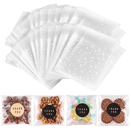 NPLUX 200PACK Self Sealing Cellophane Treat Bags Clear Cookie Bags for Gift Giving with Stickers(White Polka Dot, 4X4INCH)