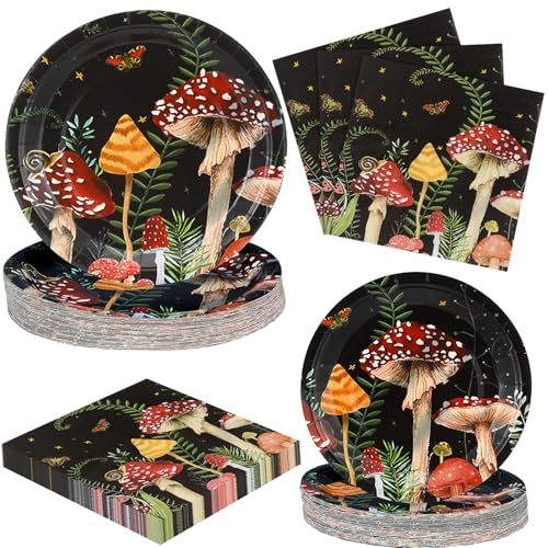 Pickmesh 150 Pcs Red Mushroom Paper Plates and Napkins Vintage Mushroom Birthday Wedding Party Supplies Disposable Dinnerware Include 50 Dinner Dishes 50 Dessert Plates 100 Napkins