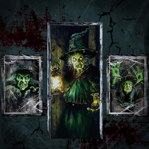 Fanfanwin 3 Pcs Halloween Window Door Covers Set Halloween Scary Window Curtain and Door Cover Spooky Silhouette Props Poster for House Decor(Witch)