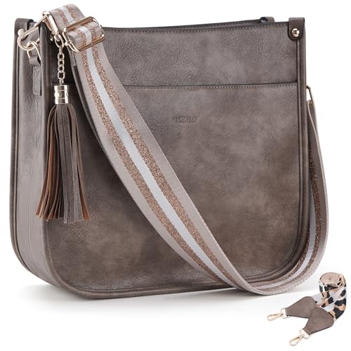 HKCLUF Crossbody Bag For Women Vegan Leather Hobo Handbag With Tassel Pendant,2PCS Adjustable Guitar Strap Crossbody Purse for Women(Apricot)