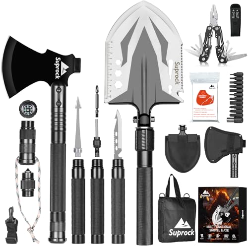 Suprock Survival Shovel High Carbon Steel Tactical Shovel Axe Folding Entrenching Tool Camping Hiking Shovel Carrying Pouch Car Emergency Survival Gear