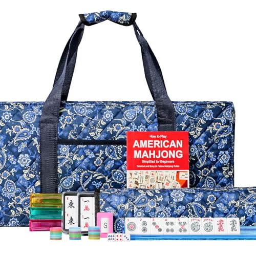 Jongyance American Mahjong Set with Blue Carrying Bag, 166 White Tiles, 4 All-in-One Rack/Pushers, Mahjong Tiles Set (Ma Jong, Mah Jongg, Majiang)