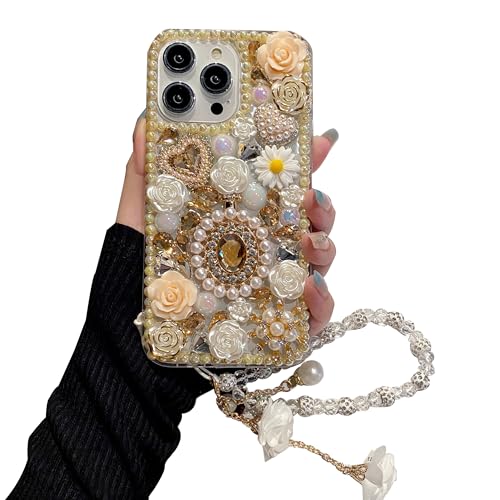 iFiLOVE for iPhone 7 Plus/8 Plus Bling Diamond Case with Flower Strap, 3D Luxury Sparkle Glitter Crystal Rhinestone Pearl Love Rose Wristband Bracelet Case Cover for Girls Women Kids (Champagne)