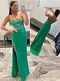 Tukomu Graceful Spaghetti Strap Mermaid Prom Dresses with Split Sweetheart Lace Appliques Dress for Prom Party Pleated Long Satin Black Formal Evening Gown Size 10