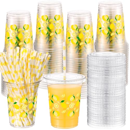 Yungyan 50 Sets Lemon Theme Party Plastic Cups with Lids and Straws 16 oz Coffee Juice Drinking Cups for Birthday Baby Shower Party Supplies