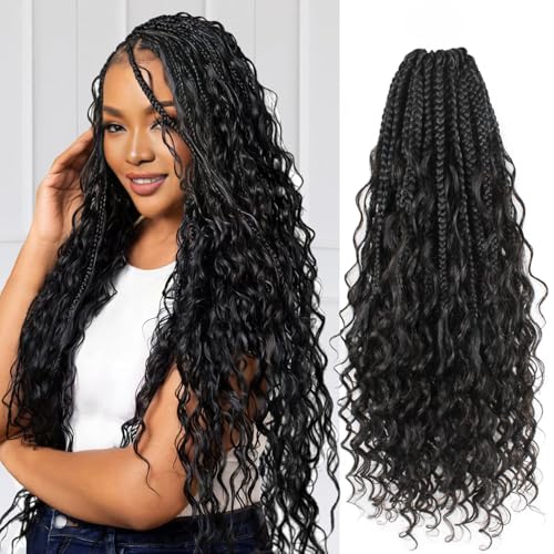 Boho Crochet Braids 18 Inch Human Crochet Hair Boho Box Braids With Human Hair Curls Bohemian Pre looped Synthetic Braids Goddess Box Braids Crochet Hair For Black Women Human Hair(1B, 77Strands)