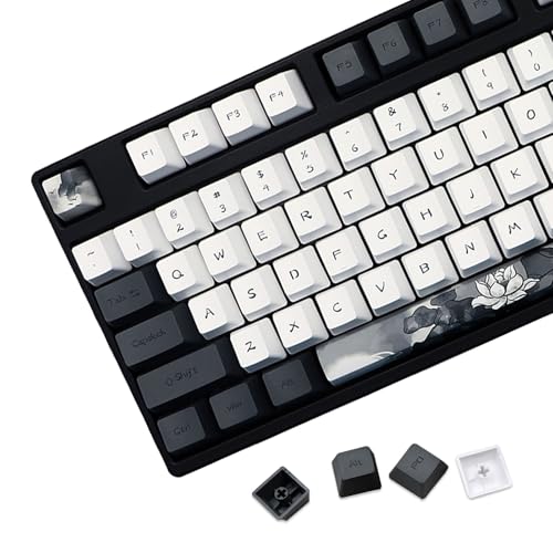 JSJT Ink Lotus Keycaps 140 Keys OEM Profile Keycap PBT Dye Sublimation Key Caps for ANSI/ISO Layout Cherry MX Switch Mechanical Gaming Keyboards GK61/68/87/96/104/108 (with 6.25u spacebar)