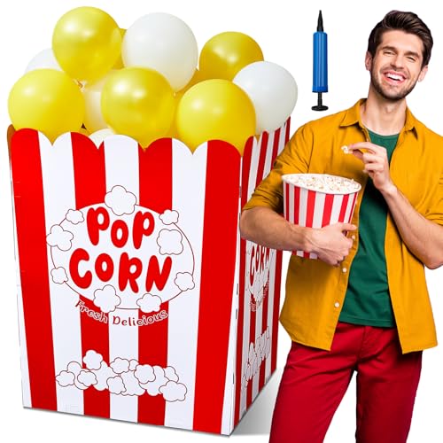 Giant Popcorn Box with Balloons and Pump, Large Cardboard Display Stand - Popcorn Prop Decorations for Movie Night, Carnivals, Theme Party, Circus, Theater (50 Pcs)