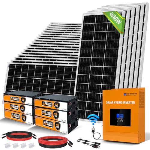 ECO-WORTHY 4680Watt 18.72KWH 48V Off Grid Solar System Complete Kit Pro for Home Shed with 15KWH Lifepo4 Battery（6pcs 48V 50AH Lifepo4）,Solar Panels for Homes with Solar Mount MPPT Hybrid Inverter