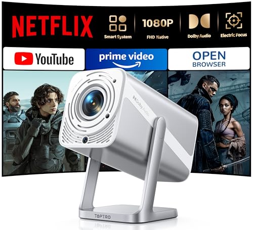 [Netflix-Licensed/Dolby Audio/360° Adjustable Stand]Smart Projector-4K with WiFi 6 and Bluetooth, Native 1080P Mini Portable Projector, Electric Focus & Auto Keystone, TOPTRO Outdoor Movie Proyector